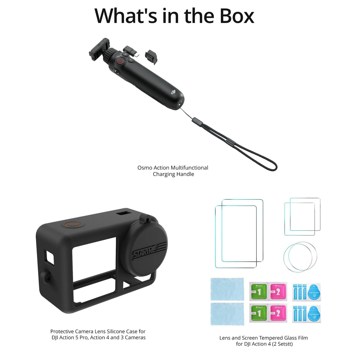 DJI Osmo Action Multifunctional Charging Handle with Protective Camera Lens Silicone Case and Temper