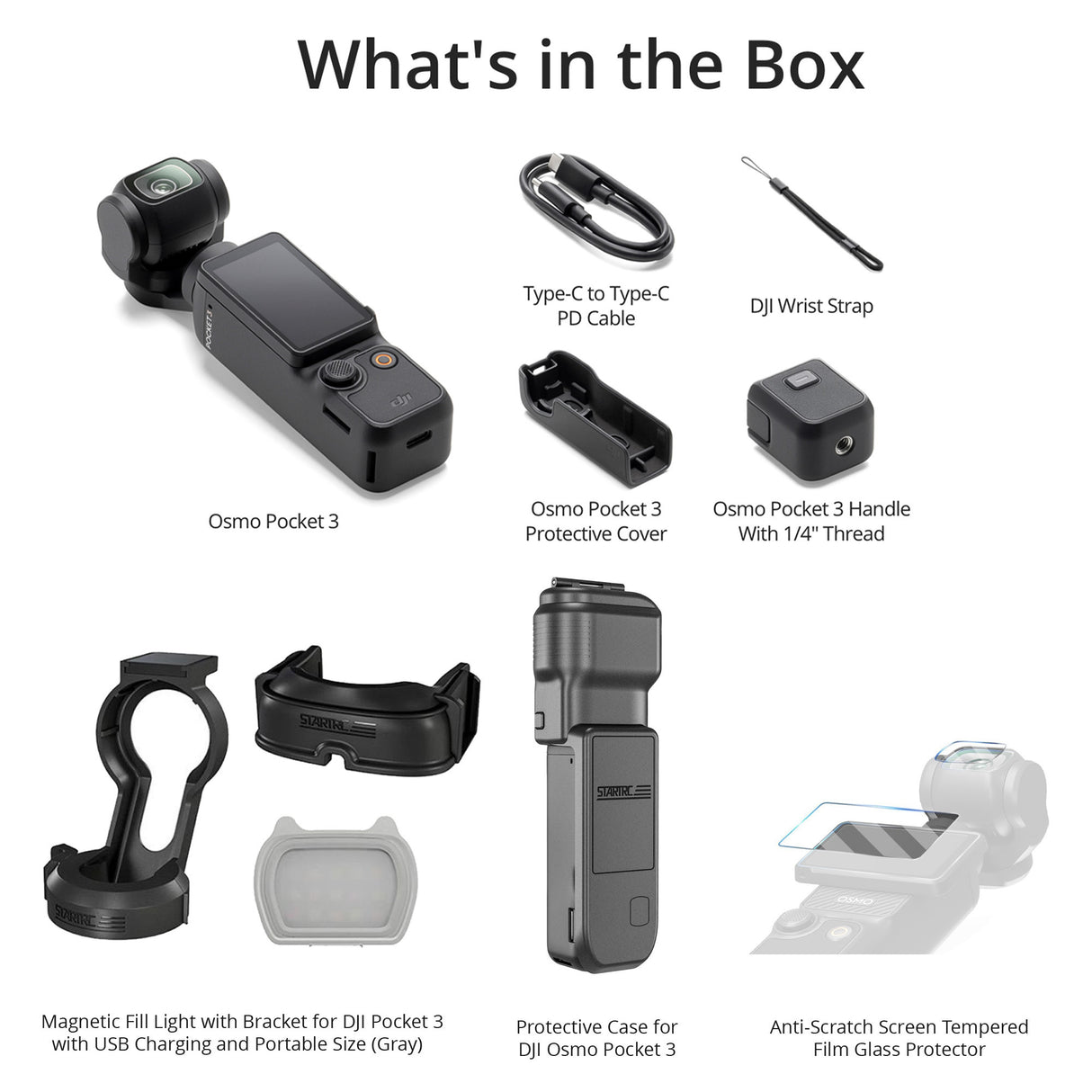 DJI Osmo Pocket 3 with Hard Case Cover, Magnetic Fill-in light, and Tempered Glass Screen Protectors
