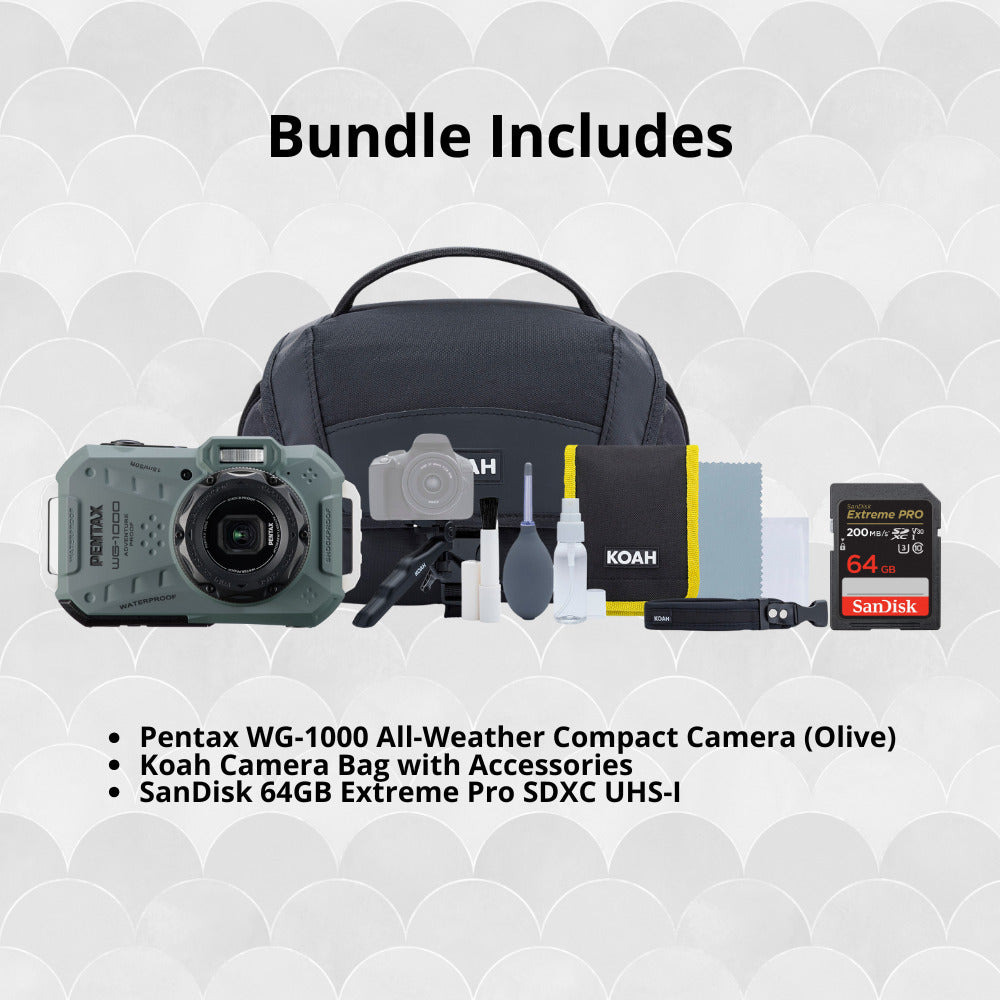Pentax WG-1000 All-Weather Compact Camera with 4x Optical Zoom and 20 Color Modes (Olive) Bundle