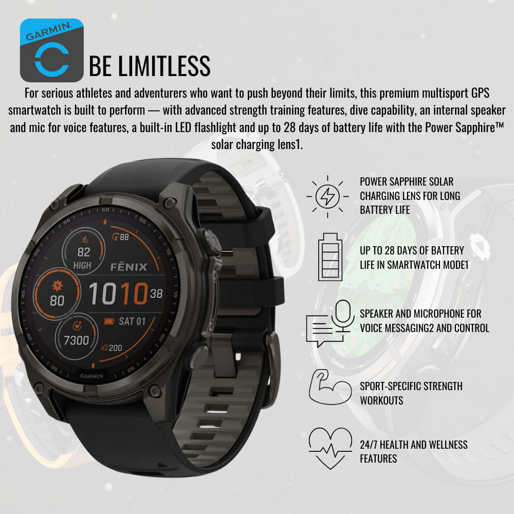 Garmin Fenix 8 Sapphire Solar 47mm Smartwatch (Black and Pebble Gray) with Portable Accessory Bundle