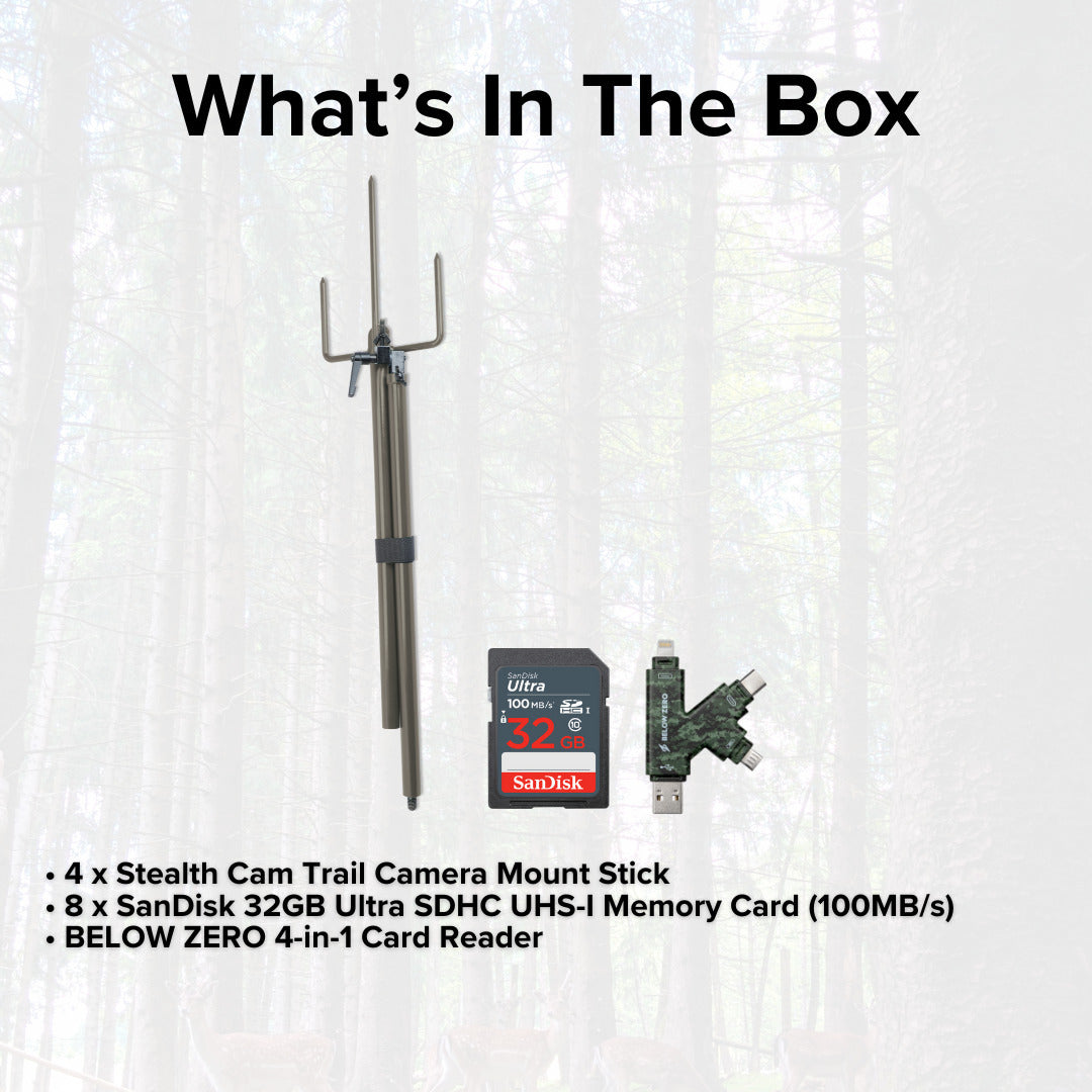 Stealth Cam Trail Camera Mount Stick (4-Pack) with 32GB Ultra SDHC UHS-I Memory Card (8-Pack) Bundle