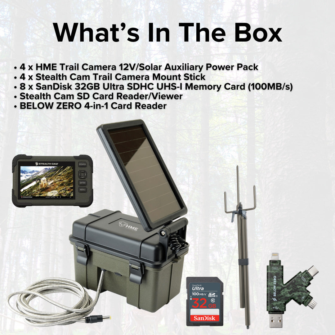 HME Trail Camera 12V with Solar Auxiliary Power Pack with SD Card Reader and Viewer (4-Pack) Bundle