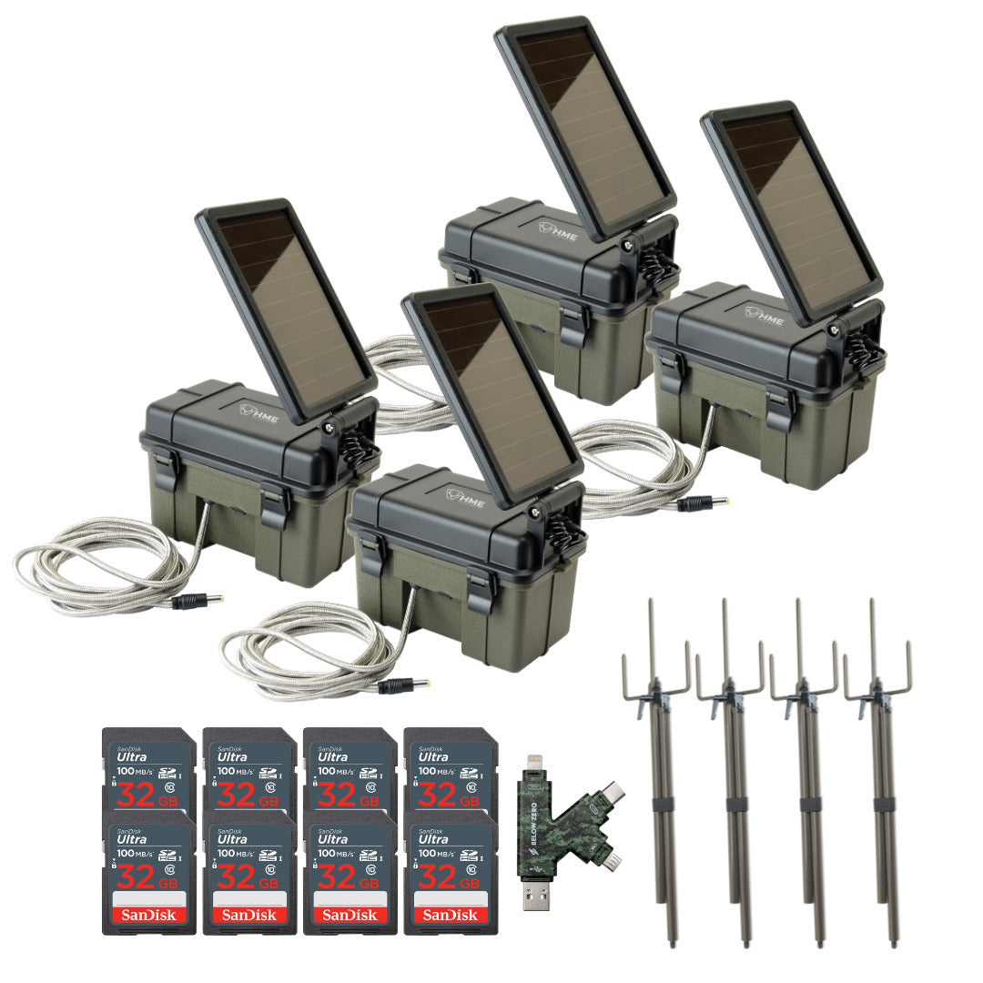 HME Trail Camera 12V with Solar Auxiliary Power (4-Pack) with Camera Mount Stick (4-Pack) Bundle
