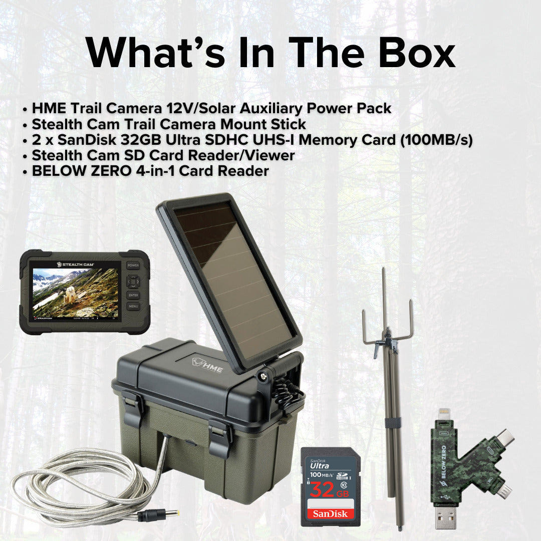 HME Trail Camera 12V with Solar Auxiliary Power Pack with SD Card Reader and Viewer Bundle