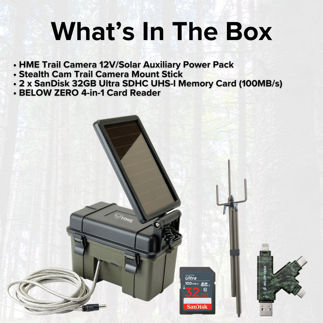 HME Trail Camera 12V with Solar Auxiliary Power Pack with Trail Camera Mount Stick Bundle