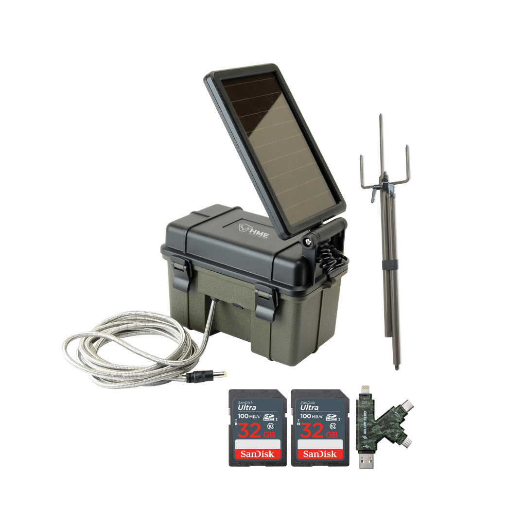 HME Trail Camera 12V with Solar Auxiliary Power Pack with Trail Camera Mount Stick Bundle