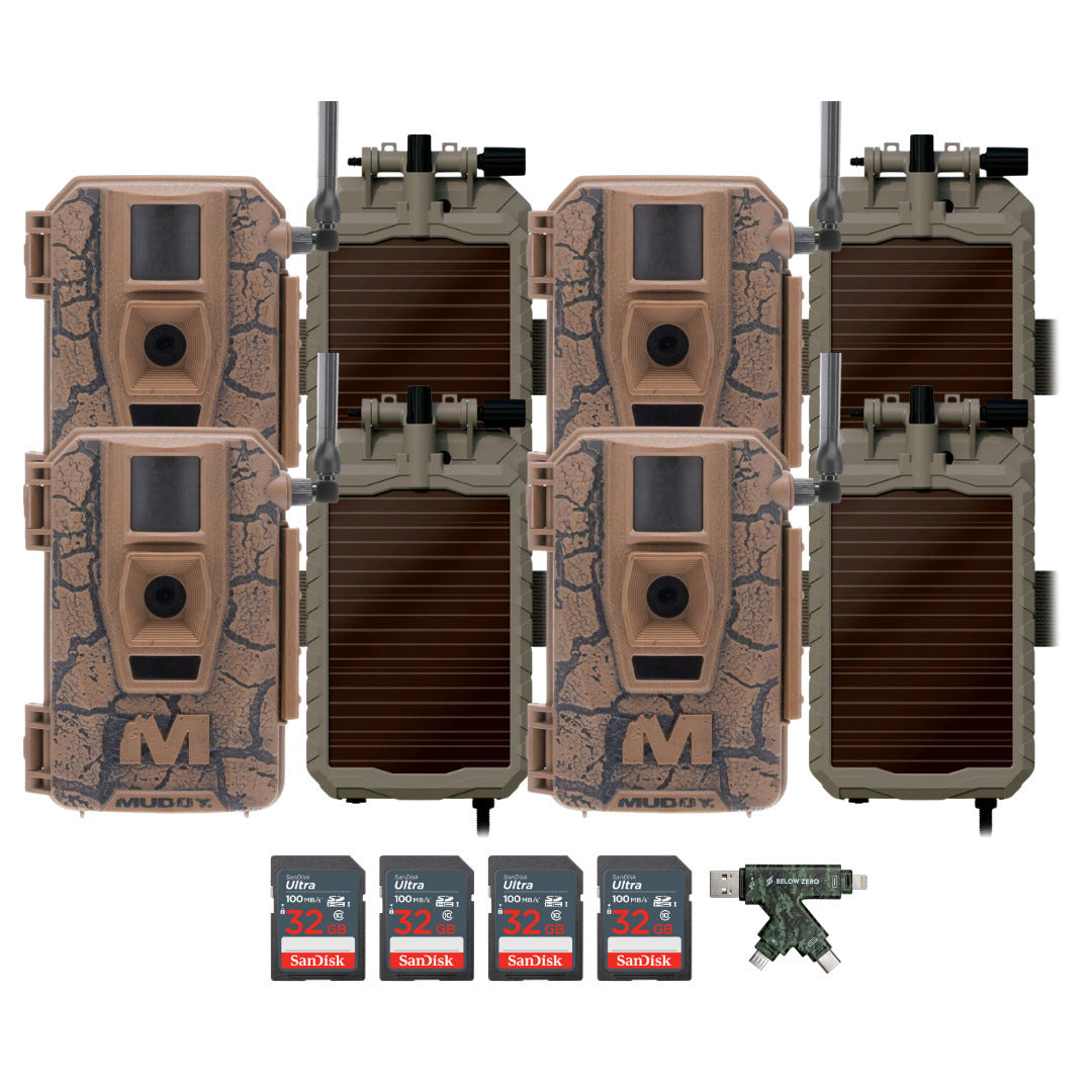 Muddy Mitigator Cellular 24MP Imaging Trail Camera (4-Pack) with 4x Lithium Solar Power Panel Bundle