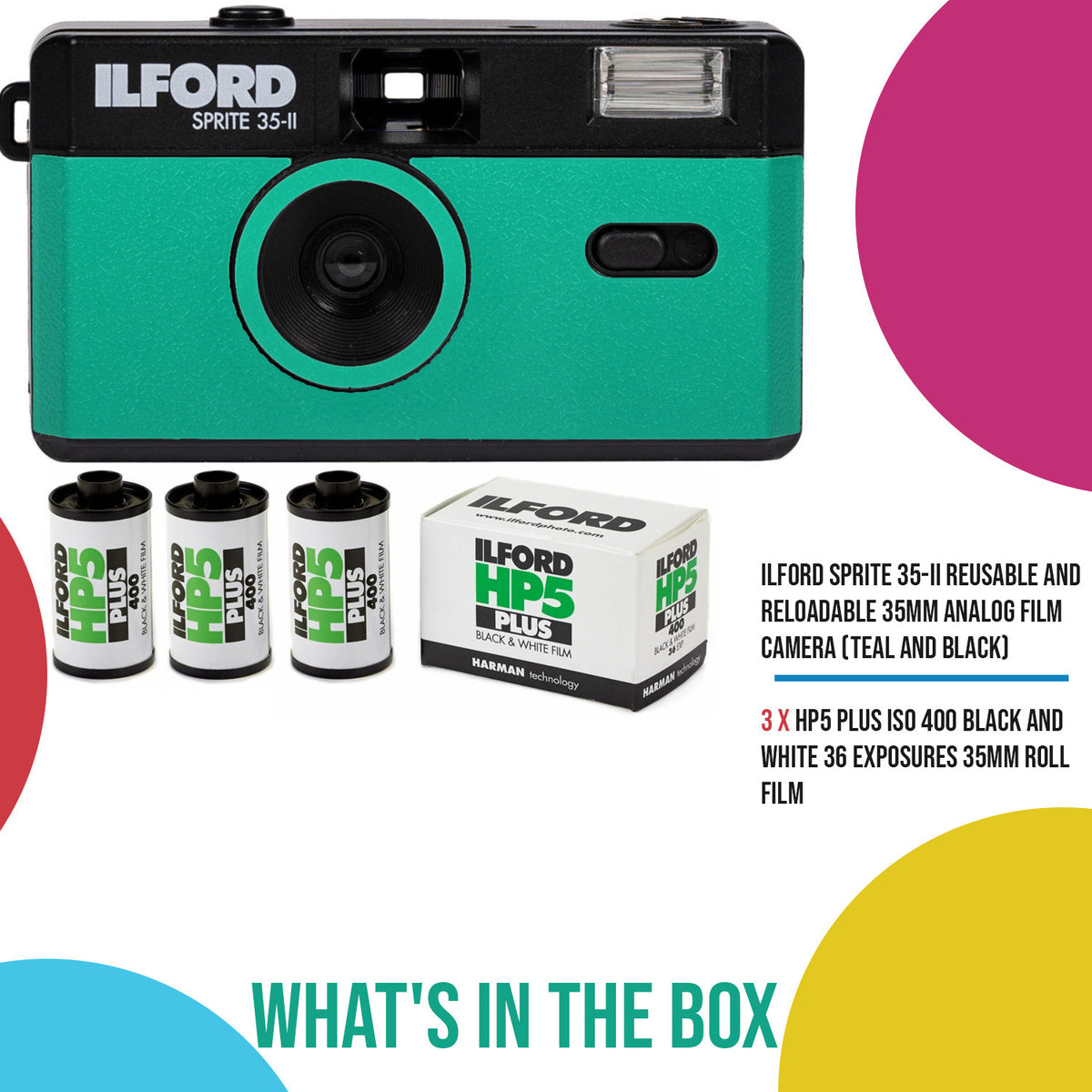 Ilford Sprite 35-II Reusable and Reloadable 35mm Analog Film Camera (Teal and Black) Bundle
