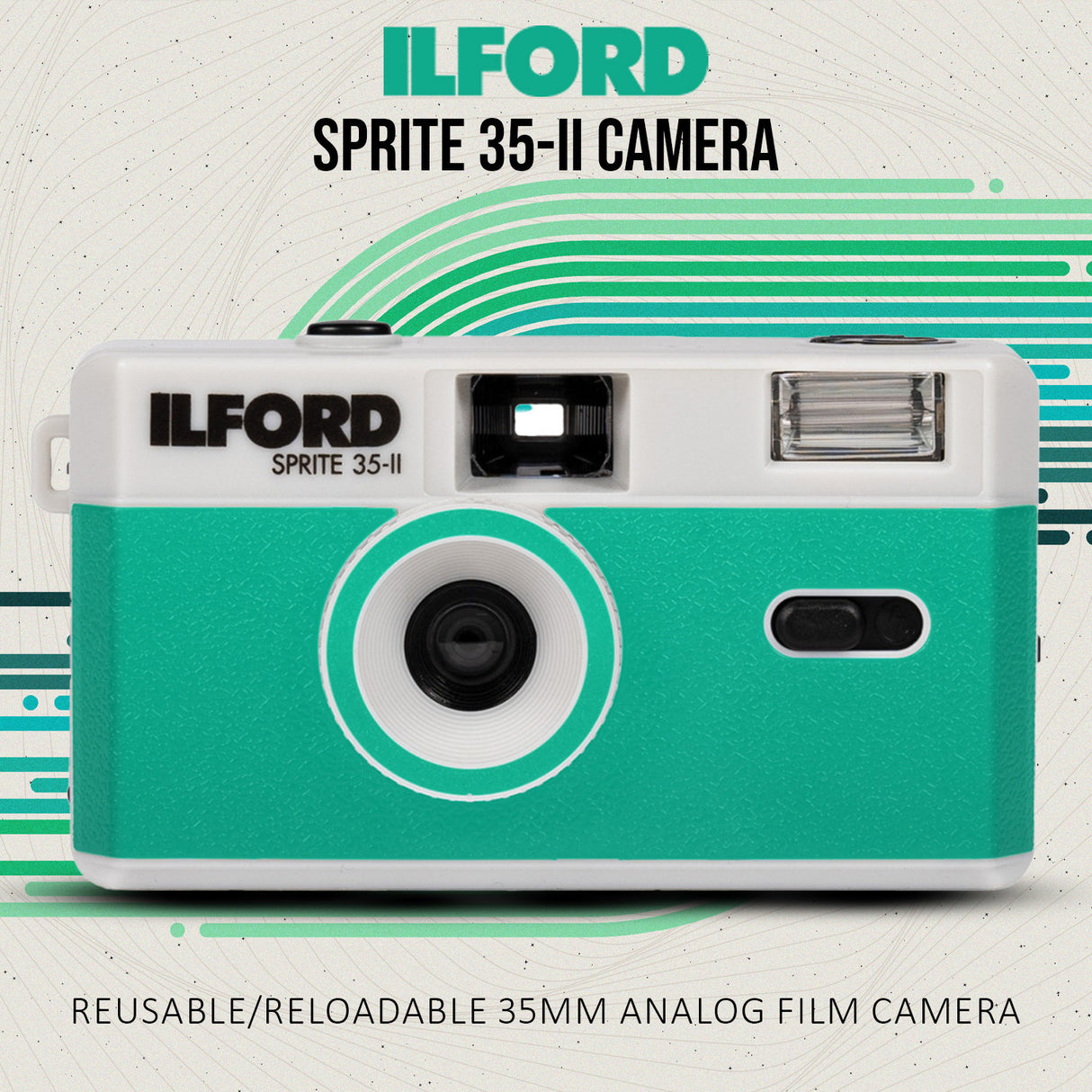 Ilford Sprite 35-II Reusable and Reloadable 35mm Analog Film Camera (Silver and Teal) Bundle