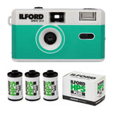 Ilford Sprite 35-II Reusable and Reloadable 35mm Analog Film Camera (Silver and Teal) Bundle