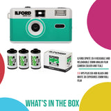 Ilford Sprite 35-II Reusable and Reloadable 35mm Analog Film Camera (Silver and Teal) Bundle