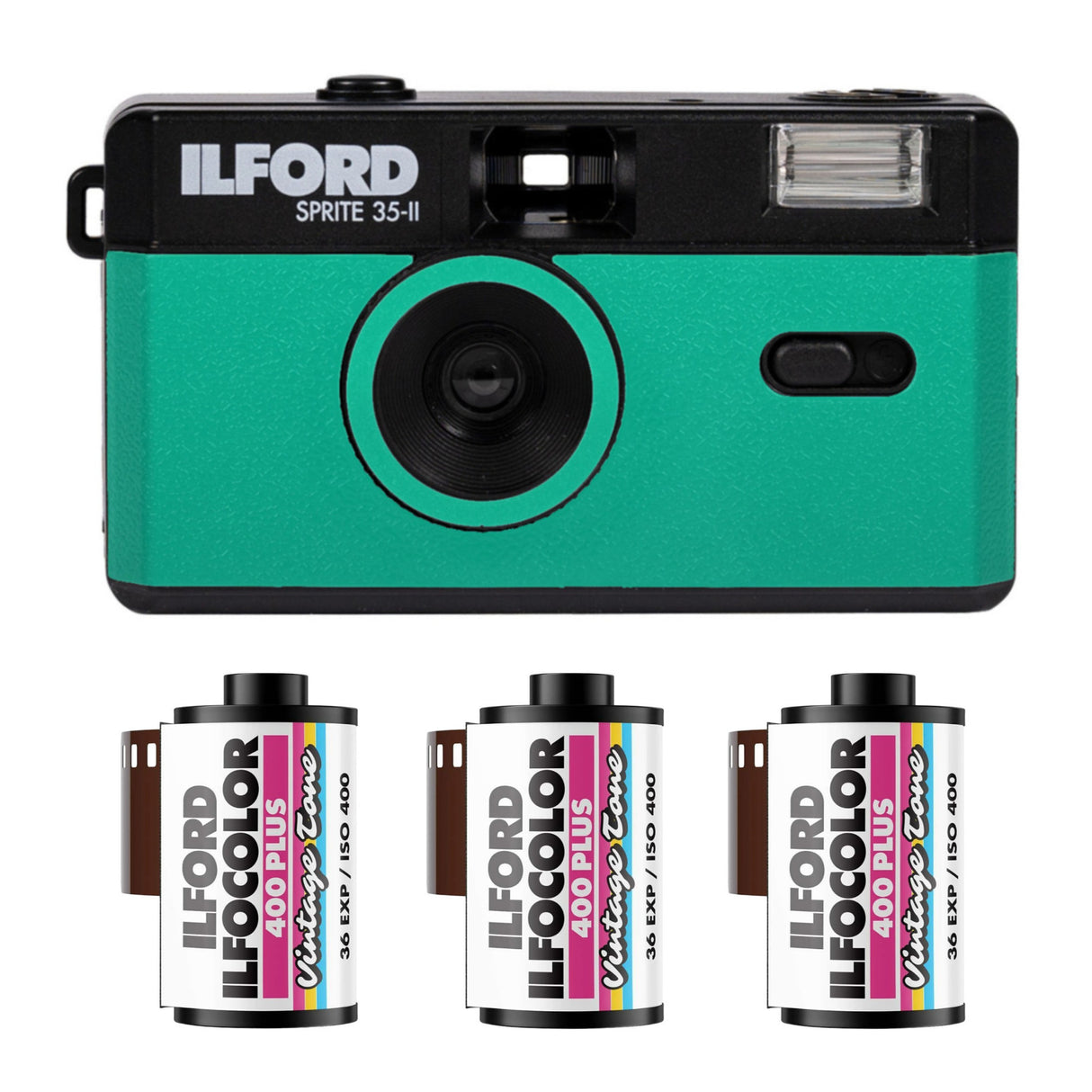 Ilford Sprite 35-II Reusable and Reloadable 35mm Analog Film Camera (Teal and Black) Bundle