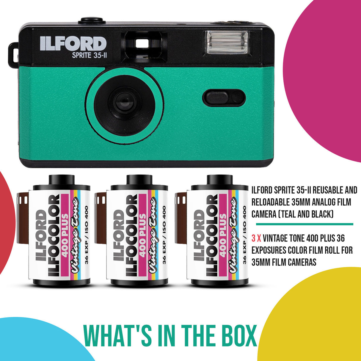 Ilford Sprite 35-II Reusable and Reloadable 35mm Analog Film Camera (Teal and Black) Bundle