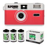 Ilford Sprite 35-II Reusable and Reloadable 35mm Analog Film Camera (Silver and Red) Bundle