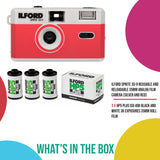 Ilford Sprite 35-II Reusable and Reloadable 35mm Analog Film Camera (Silver and Red) Bundle