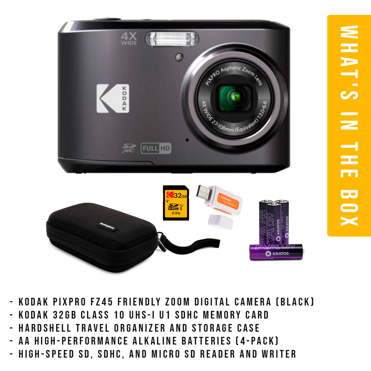 Kodak PIXPRO FZ45 Friendly Zoom Digital Camera (Black) with Travel Organizer and Storage Case Bundle
