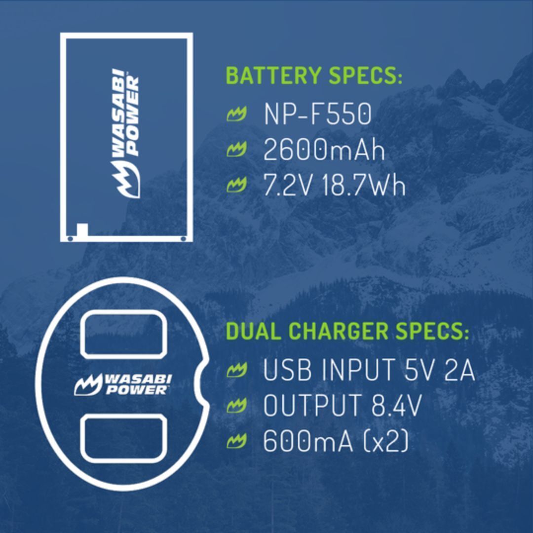 Wasabi Power 2600mAh Battery (2-Pack) and Dual USB Charger Kit for High-Capacity Charging (Black)
