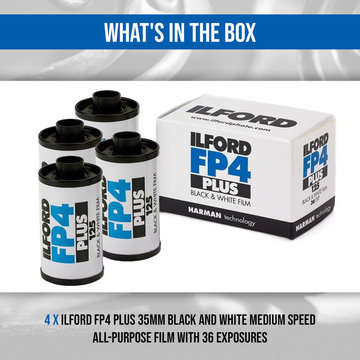 Ilford FP4 Plus 35mm Black and White Medium Speed All-Purpose Film with 36 Exposures (4-Pack) Bundle