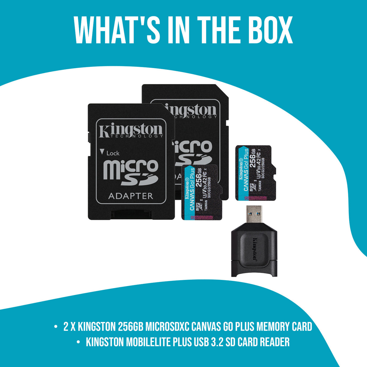 Kingston 256GB MicroSDXC Canvas Go Plus Memory Card (2-Pack) Bundle with USB 3.2 SD Card Reader