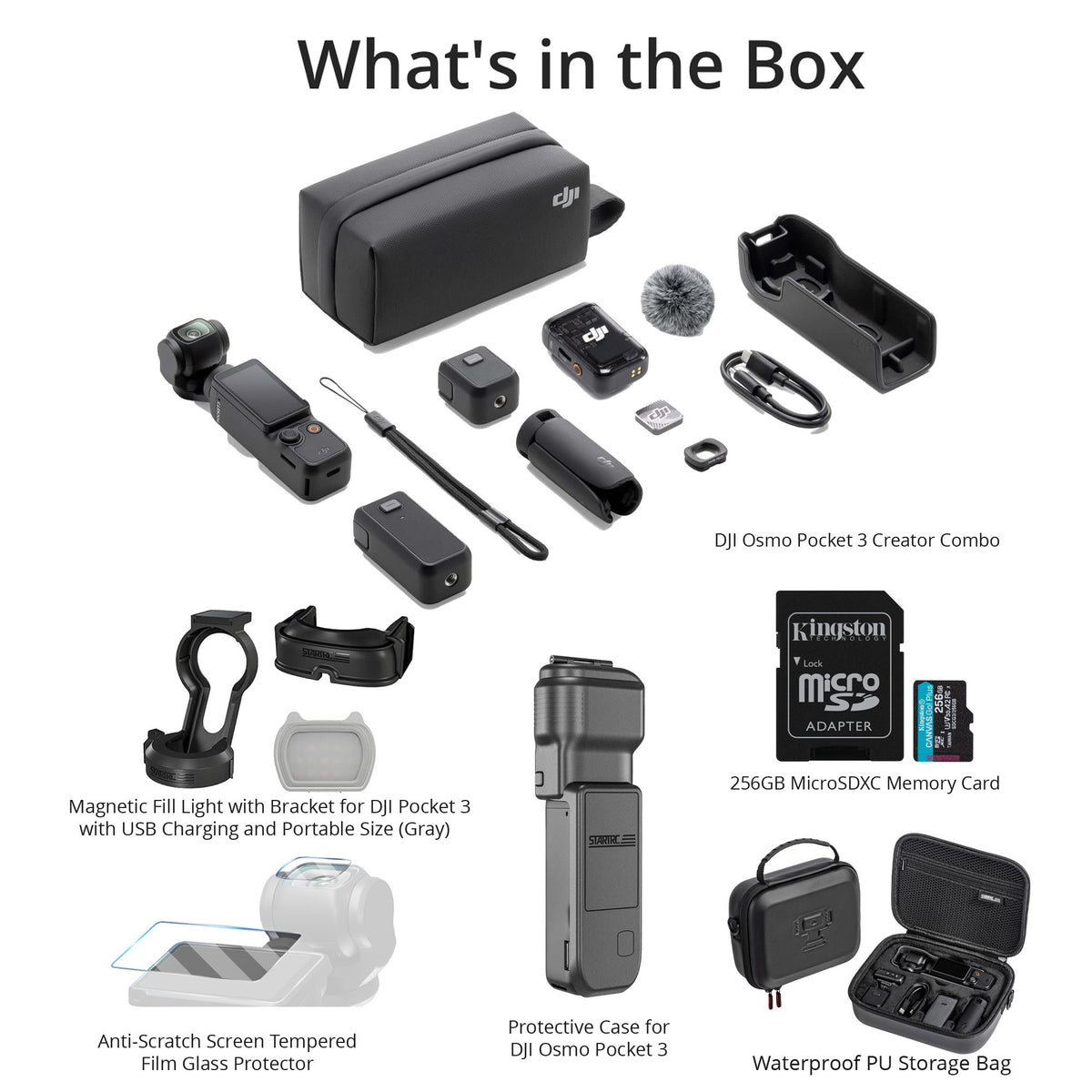 DJI Osmo Pocket 3 Creator Combo with 256GB MicroSD Card, Fill-in light, Cover, Protector and Case
