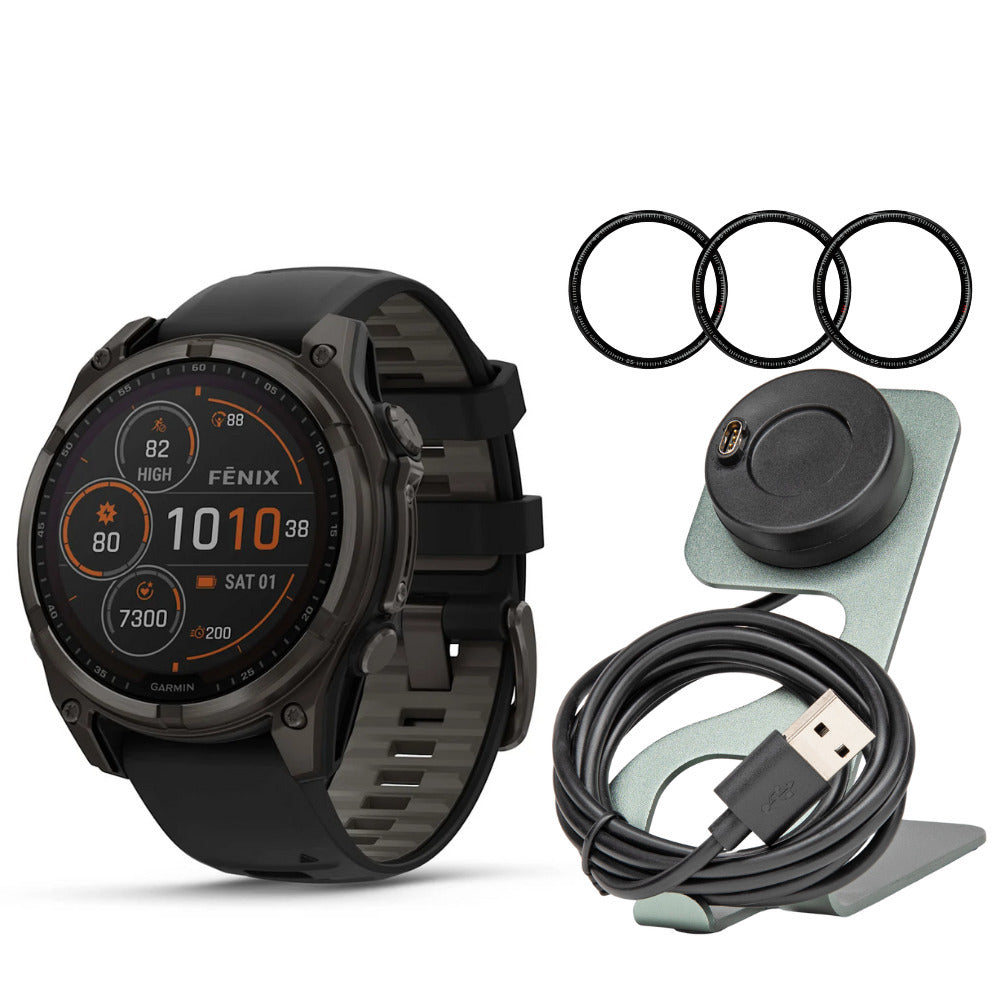 Garmin Fenix 8 Sapphire Solar 51mm Smartwatch (Black and Pebble Gray) with Charger Stand Bundle