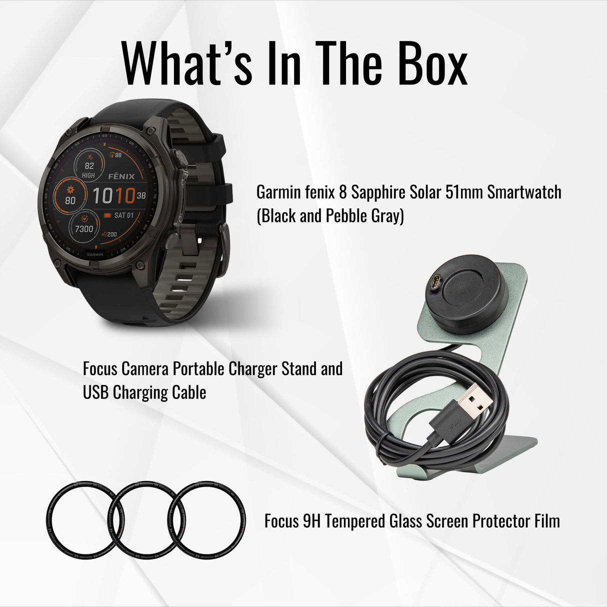 Garmin Fenix 8 Sapphire Solar 51mm Smartwatch (Black and Pebble Gray) with Charger Stand Bundle