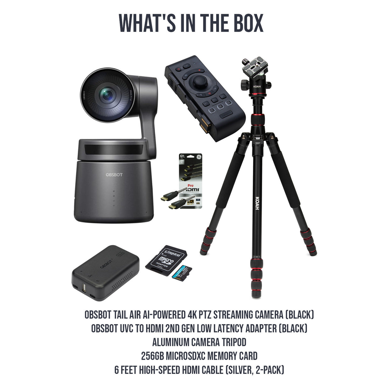 OBSBOT Tail Air AI-Powered 4K PTZ Streaming Camera with UHD Resolutions (Black) Bundle