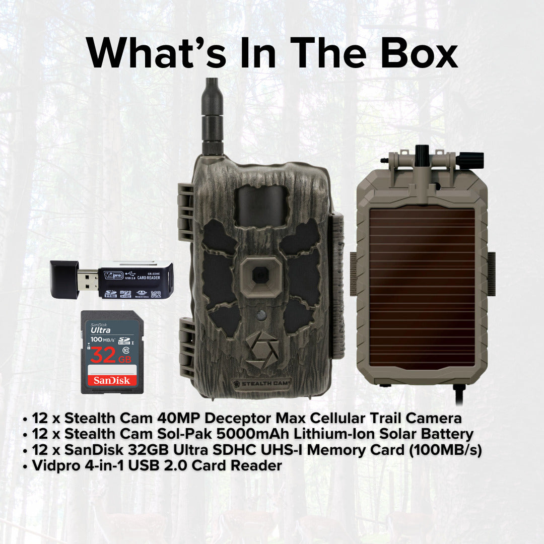 Stealth Cam 40MP Deceptor Max Cellular Trail Camera (2-Pack) x 6 with Solar Battery (12-Pack) Bundle