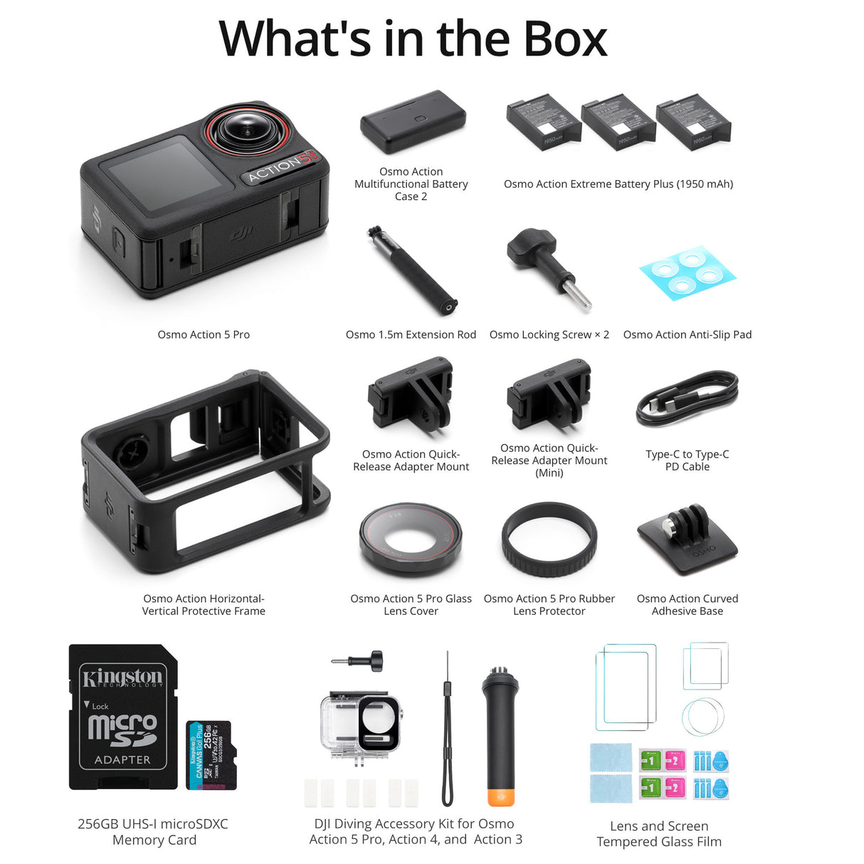 DJI Osmo Action 5 Pro Adventure Combo with Diving Gear, 256GB MicroSD Card and Screen Protectors