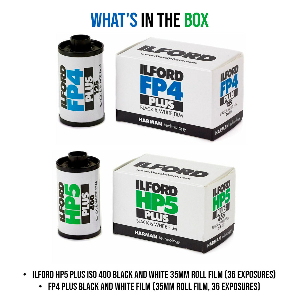 Ilford HP5 Plus ISO 400 Black and White 35mm Roll Film (36 Exposures) with FP4 Roll Film Bundle
