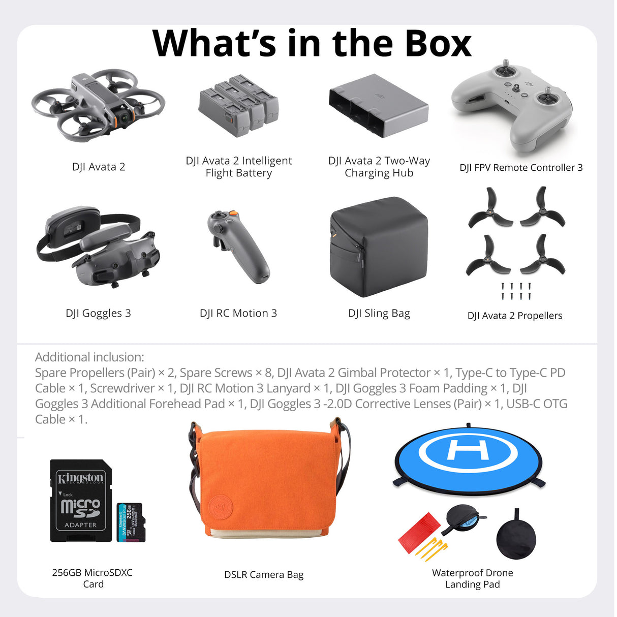 DJI Avata 2 Fly More Combo (3 Batteries), FPV Controller 3, 256GB SD, Propellers, Pad, & Bag