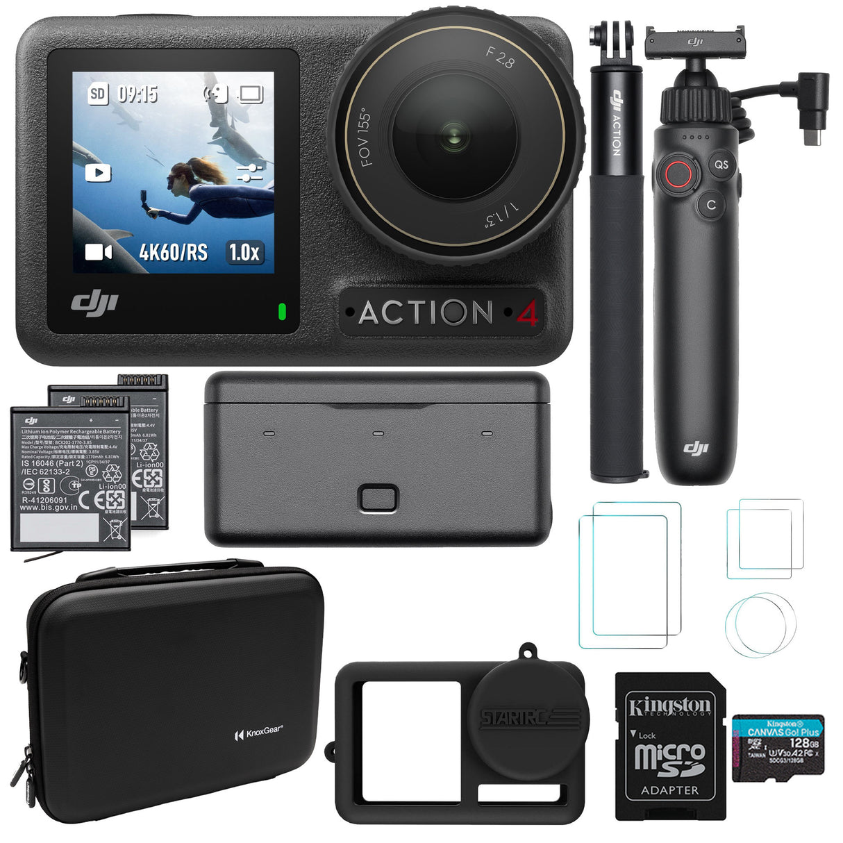 DJI Osmo Action 4 Camera Adventure Combo with Charging Handle, 128GB SD Card, Case, & Protectors