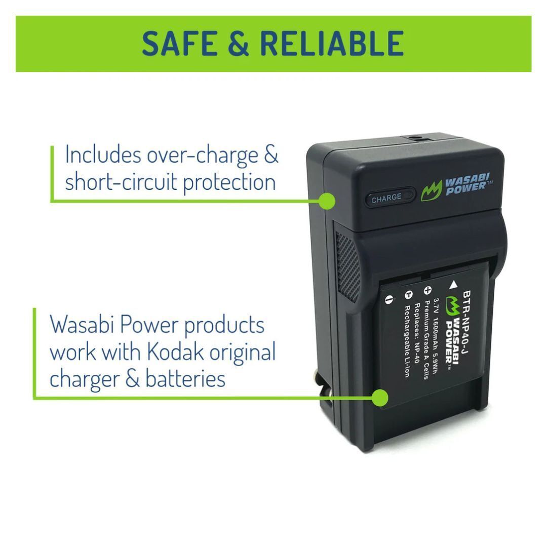 Wasabi Power Battery (2-Pack) and Charger for Kodak LB-060 with Overcharge Protection (Black)