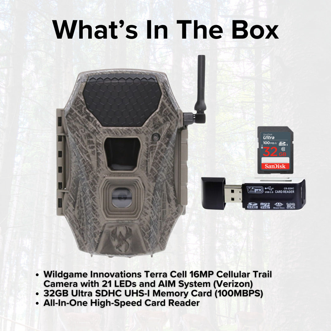 Wildgame Innovations Terra Cell 16MP Cellular Trail Camera with Memory Card and Card Reader Bundle