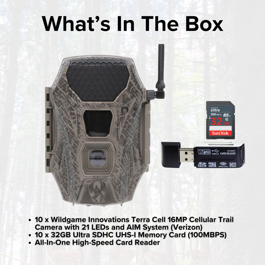 Wildgame Innovations Terra Cell 16MP Cellular Trail Camera (10-Pack) with 10x Memory Card Bundle