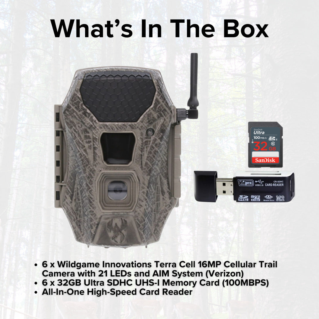 Wildgame Innovations Terra Cell 16MP Cellular Trail Camera (6-Pack) with 6x Memory Card Bundle