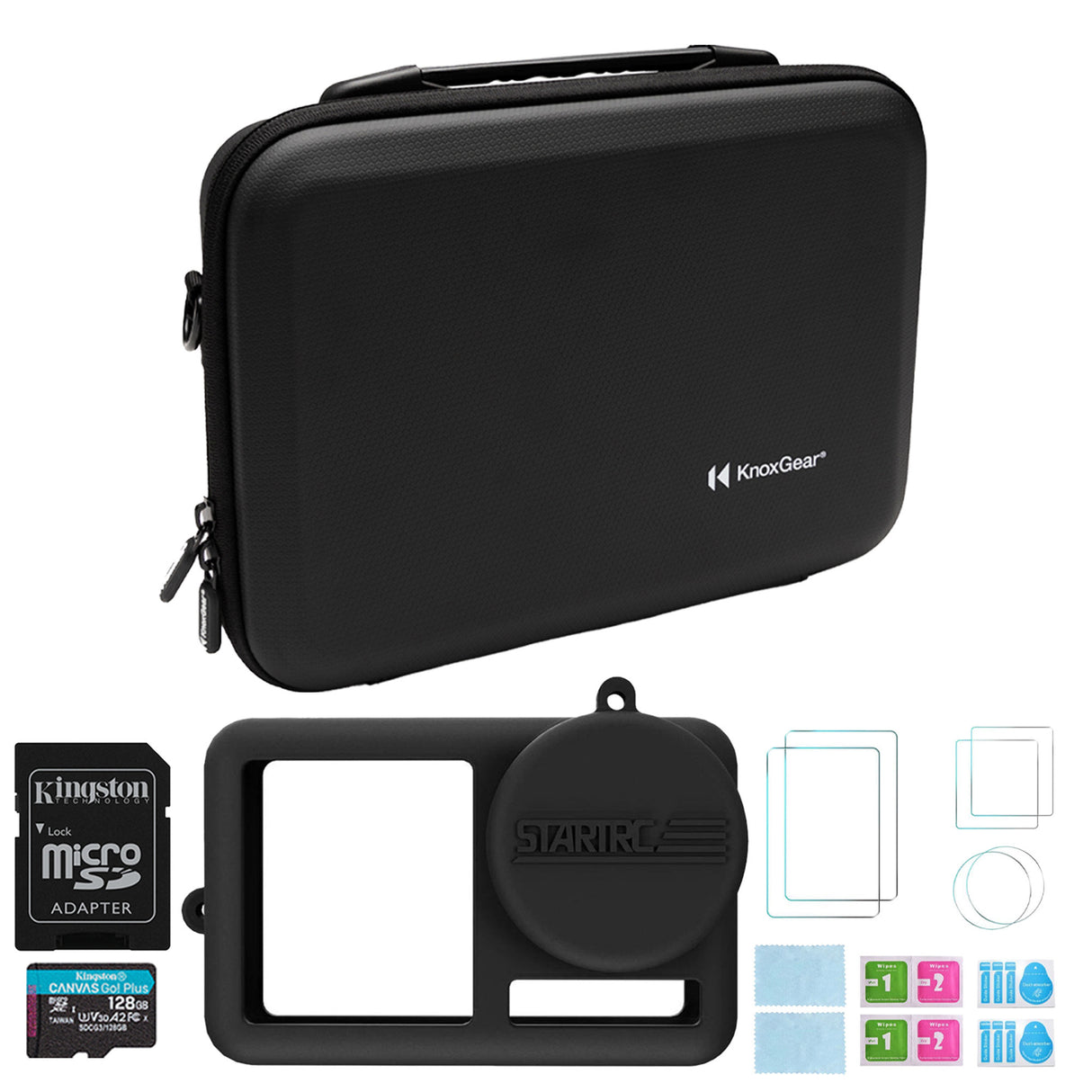 Knox Gear Case for Osmo Action 5/4/3 with 128GB SD Card, Screen Protectors & Lens Silicone Cover