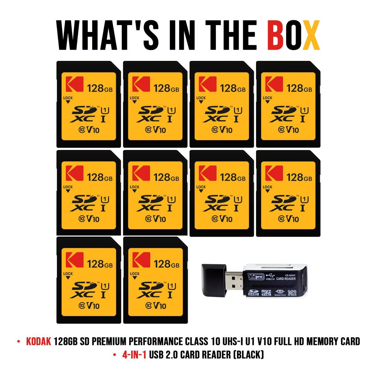 Kodak 128GB SDXC Premium Performance Class 10 UHS-I U1 V10 Full HD Memory Card (10-Pack) Bundle
