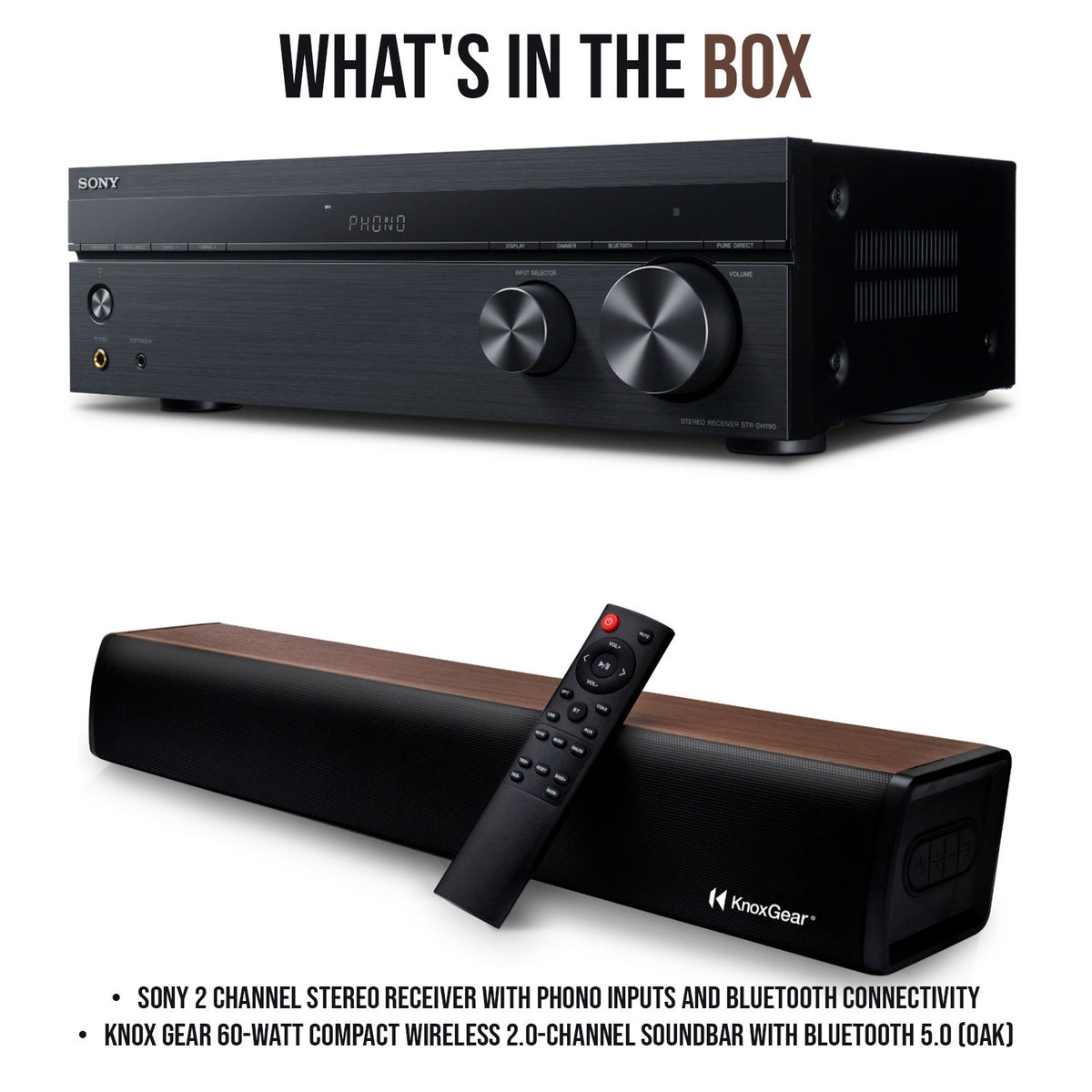 Sony STRDH190 2 Channel Stereo Receiver with Phono Inputs and Bluetooth Connectivity with 60-Watt Compact Wireless 2.0ch Soundbar with Bluetooth bundle