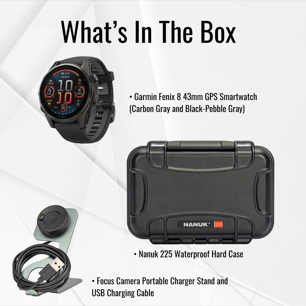 Garmin fenix 8 43mm GPS Smartwatch (Carbon Gray DLC Titanium and Black-Pebble Gray) Bundle