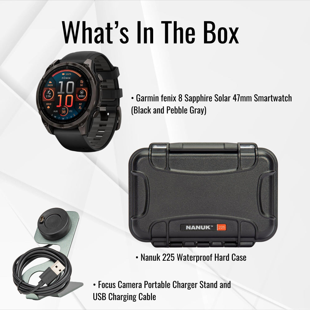 Garmin fenix 8 Sapphire Solar 47mm Smartwatch with LED Flashlight (Black and Pebble Gray) Bundle