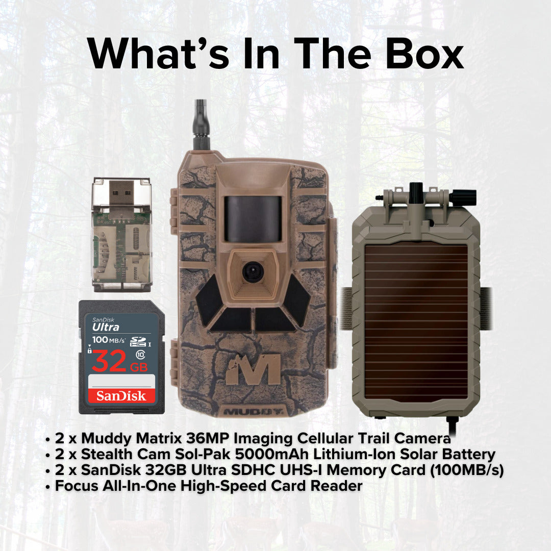 Muddy Matrix 36MP Imaging Cellular Trail Camera (2-Pack) with Solar Battery (2-Pack) Bundle