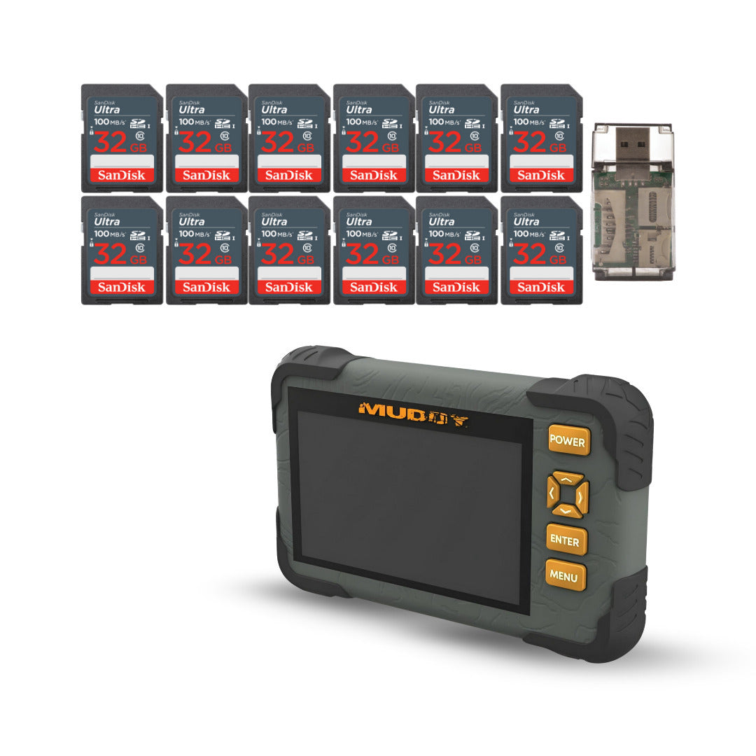 Muddy SD Card Reader or Viewer with 4.3 Inch LCD Screen with 32GB UHS-I Memory Card (12-Pack) Bundle