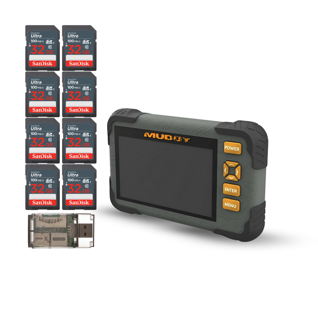 Muddy SD Card Reader or Viewer with 4.3 Inch LCD Screen with 32GB UHS-I Memory Card (8-Pack) Bundle
