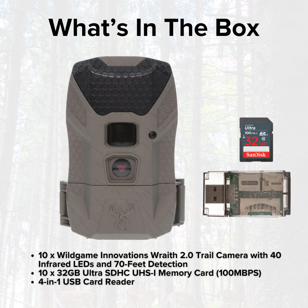 Wildgame Innovations Wraith 2.0 Trail Camera (10-Pack) with 10 x 32GB Ultra SDHC Memory Card Bundle