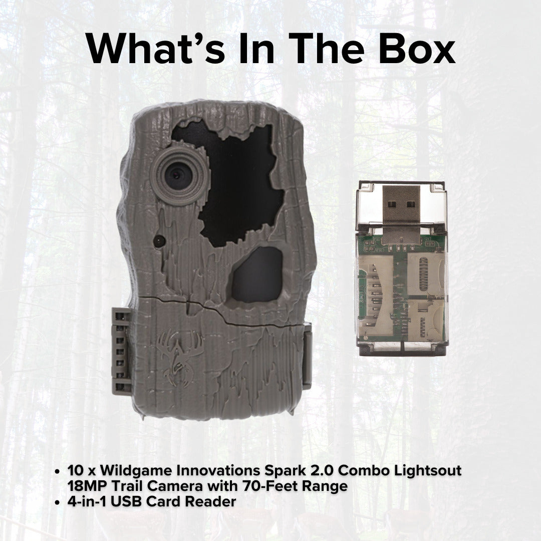 Wildgame Innovations Spark 2.0 Combo Lightsout 18MP Trail Camera with 70-Feet Range (10-Pack) Bundle