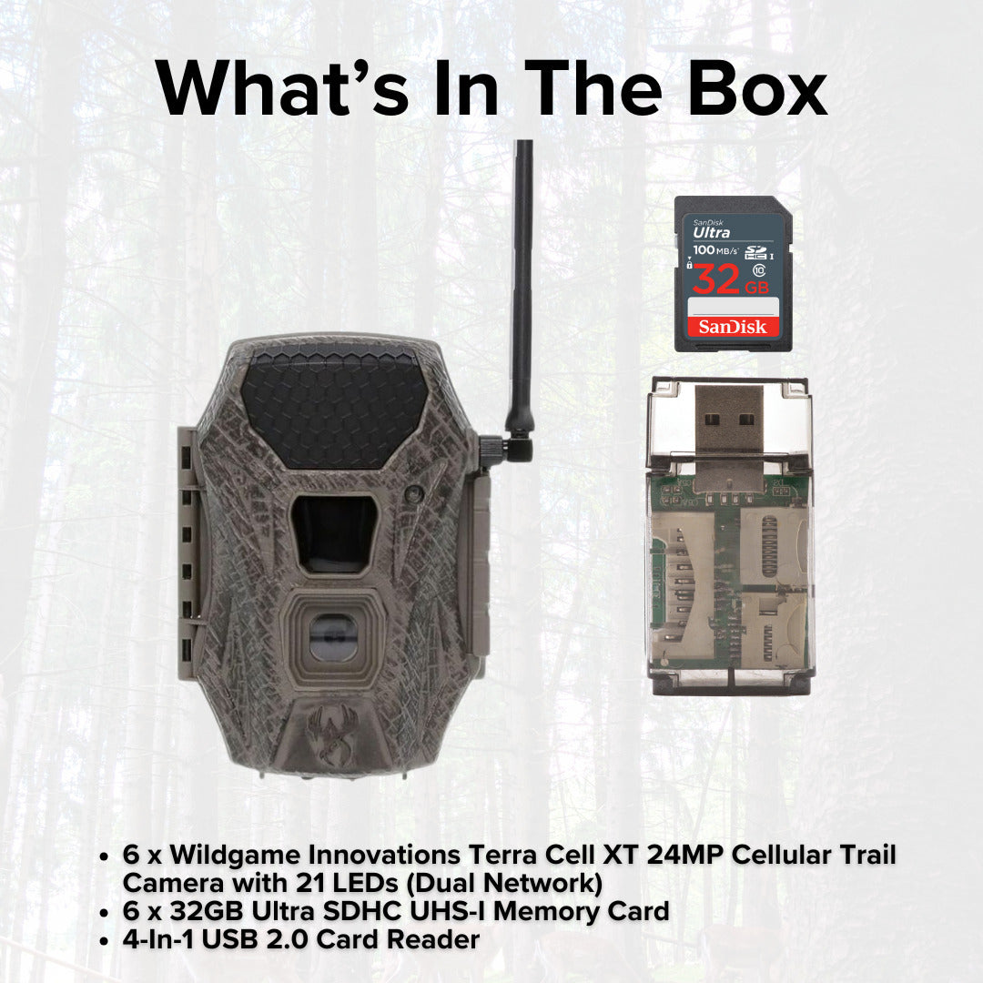 Wildgame Innovations Terra Cell XT 24MP Cellular Trail Camera (Dual Network, 6-Pack) Bundle