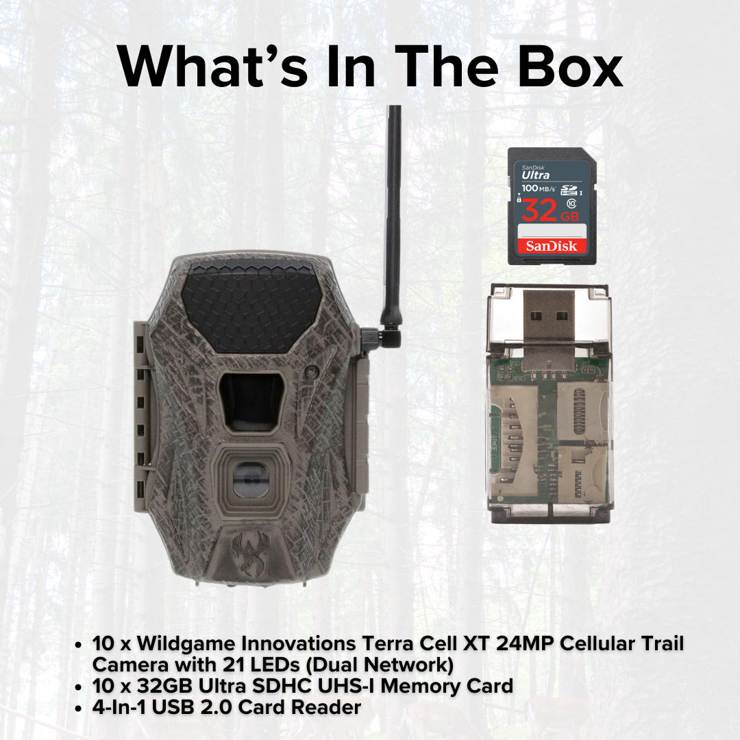 Wildgame Innovations Terra Cell XT 24MP Cellular Trail Camera (Dual Network, 10-Pack) Bundle