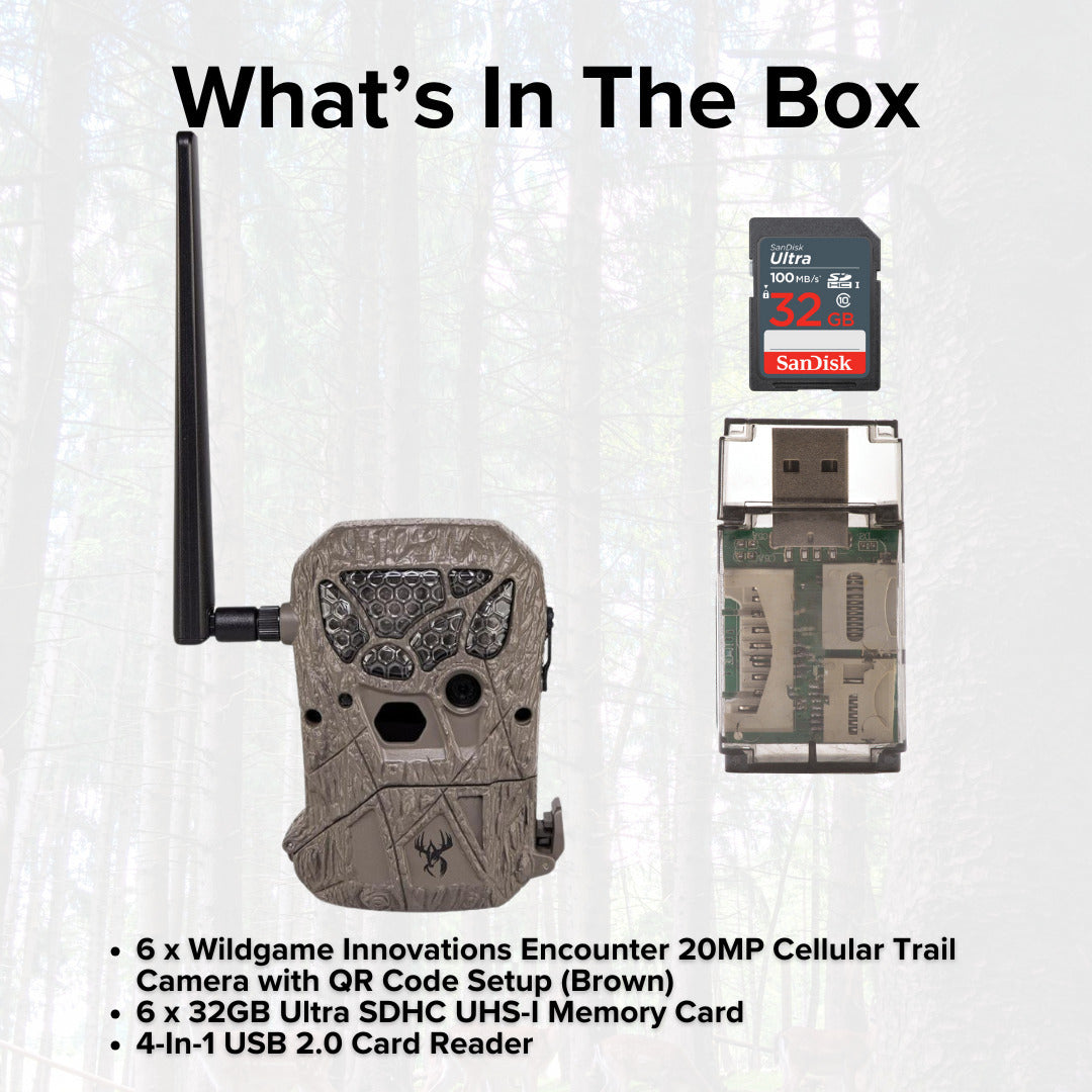 Wildgame Innovations Encounter 20MP Cellular Trail Camera with QR Code Setup (Brown, 6-Pack) Bundle