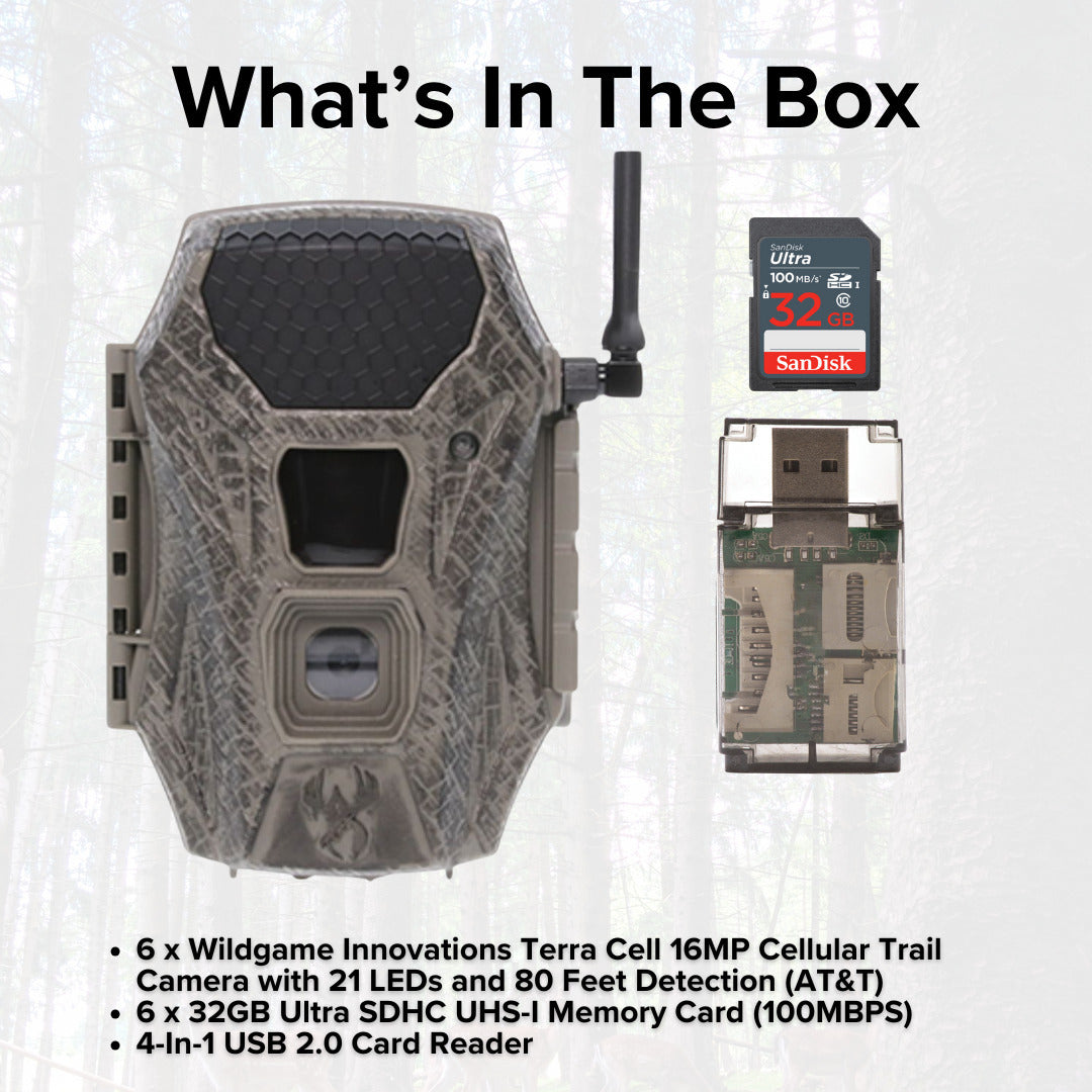 Wildgame Innovations Terra Cell 16MP Cellular Trail Camera (6-Pack) with 6 x 32GB Memory Card Bundle
